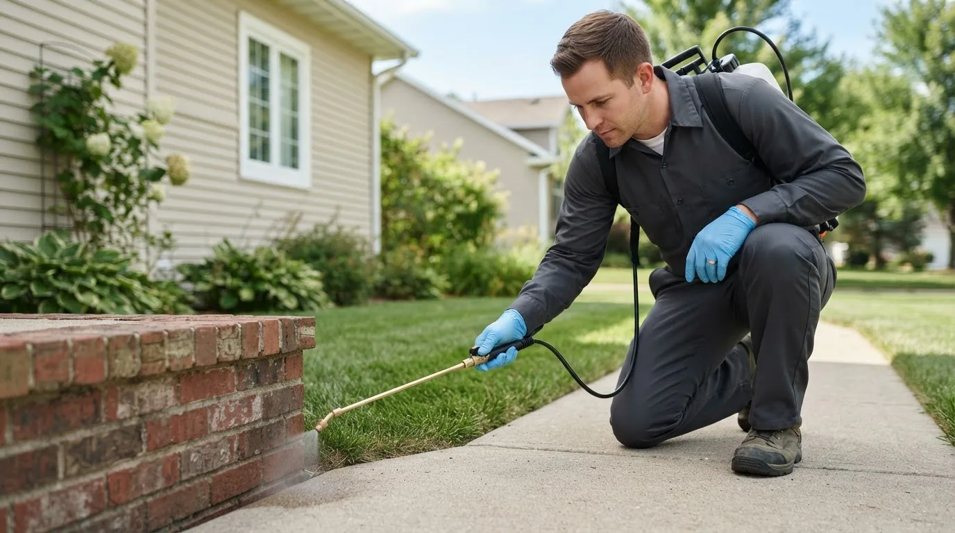 Pest control technician treating a home near Vici, OK