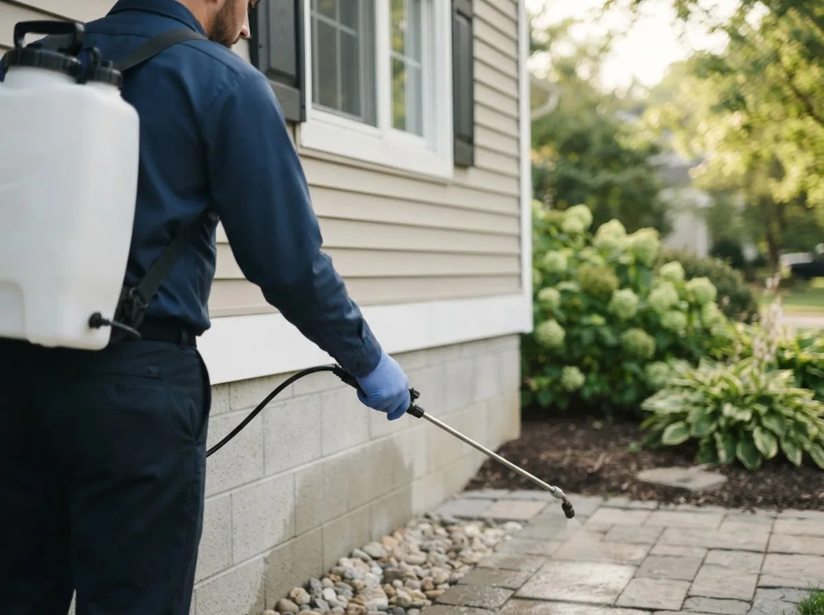 Pest control technician inspecting a home in Vici, OK
